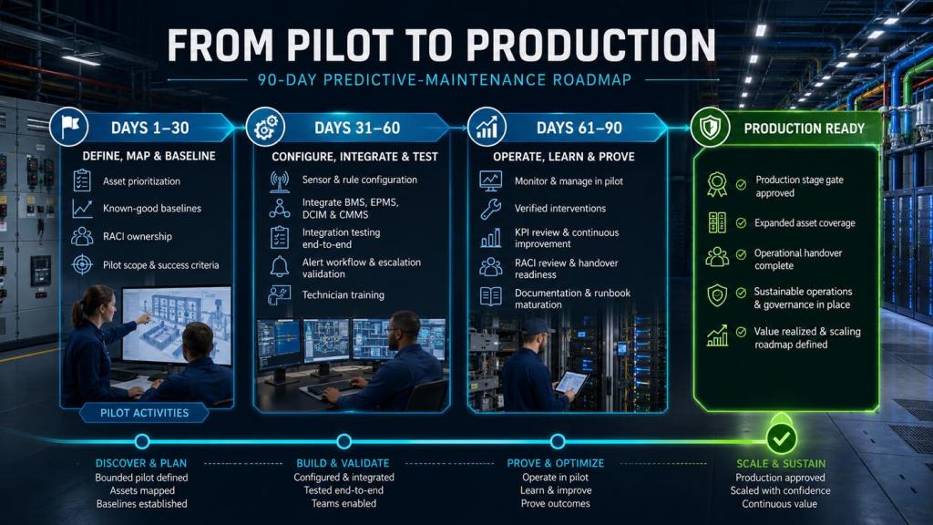 Three-phase 90-day predictive-maintenance roadmap covering asset and baseline definition, integration and testing, pilot operation and learning, and a production-readiness gate.