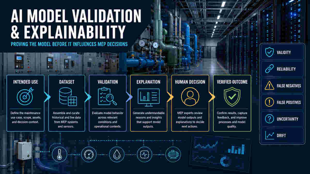AI model validation and explainability control loop for hyperscale data center MEP maintenance decisions