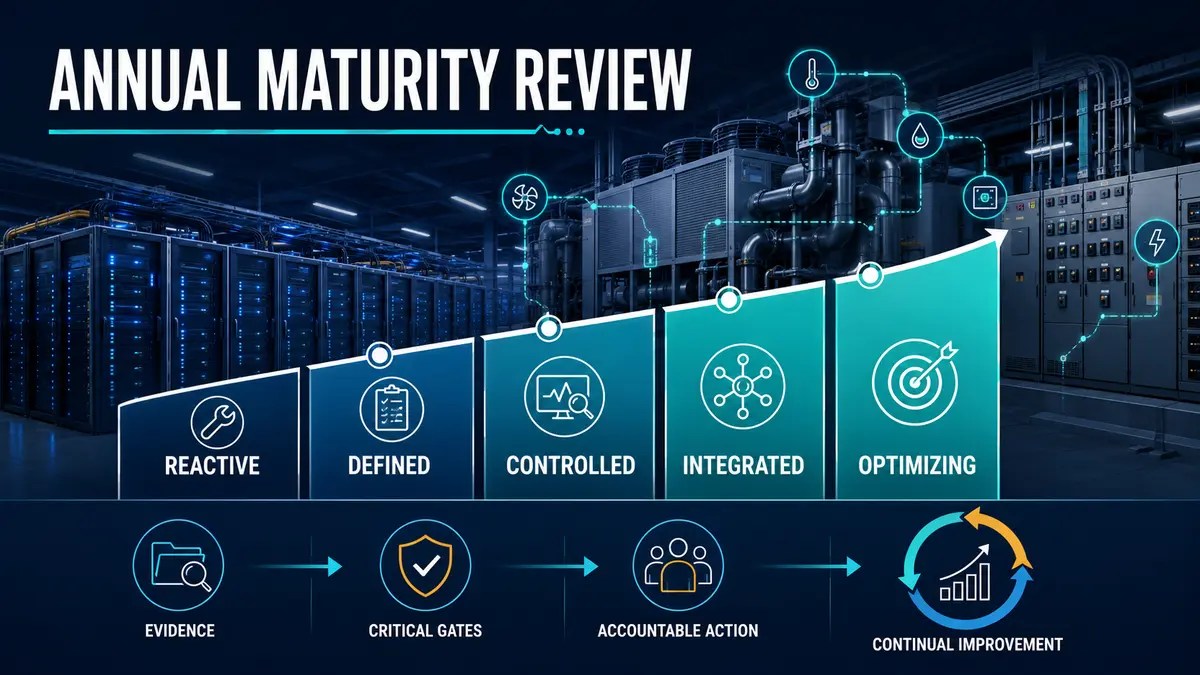 Five-stage annual predictive-maintenance maturity assessment for AI data centers, from reactive to optimizing