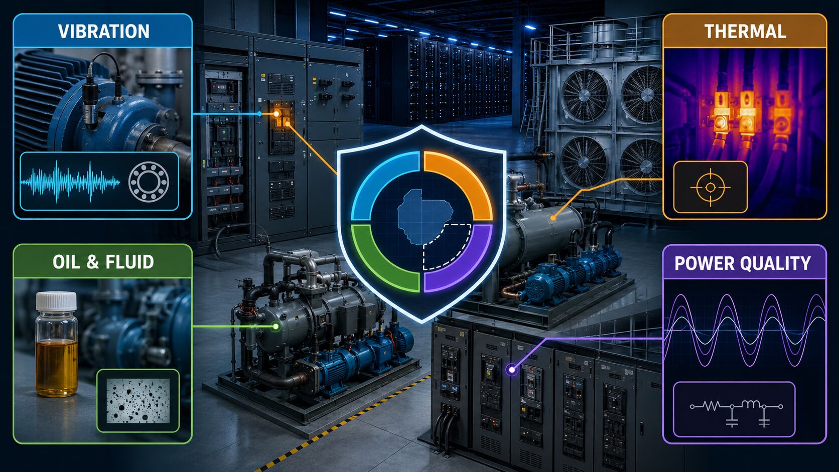 Predictive maintenance sensor stack for data center MEP equipment showing vibration, thermal, oil and fluid, and power-quality monitoring with complementary failure-mode coverage.