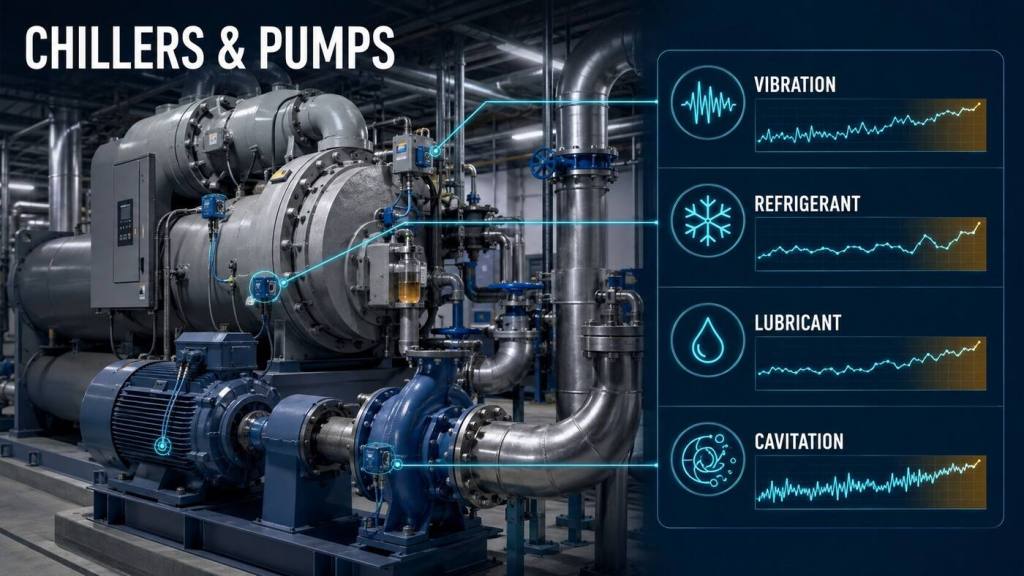 Chiller and chilled-water pump with vibration, refrigerant, lubricant, and cavitation monitoring trends.