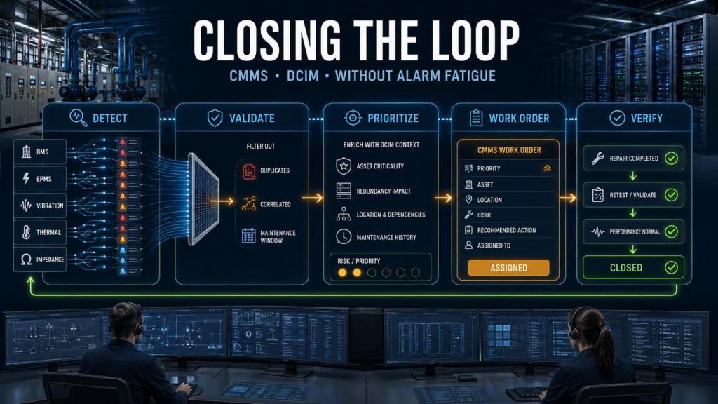 Predictive-maintenance workflow showing BMS, EPMS and condition-monitoring alerts being validated, prioritized with DCIM context, routed into one CMMS work order, and verified closed after retesting.