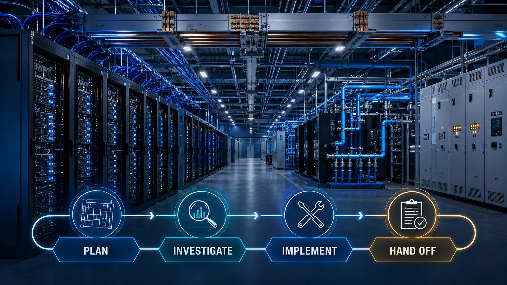 AI hyperscale data center commissioning roadmap showing Plan, Investigate, Implement, and Hand Off across GPU racks, liquid cooling, and electrical infrastructure.