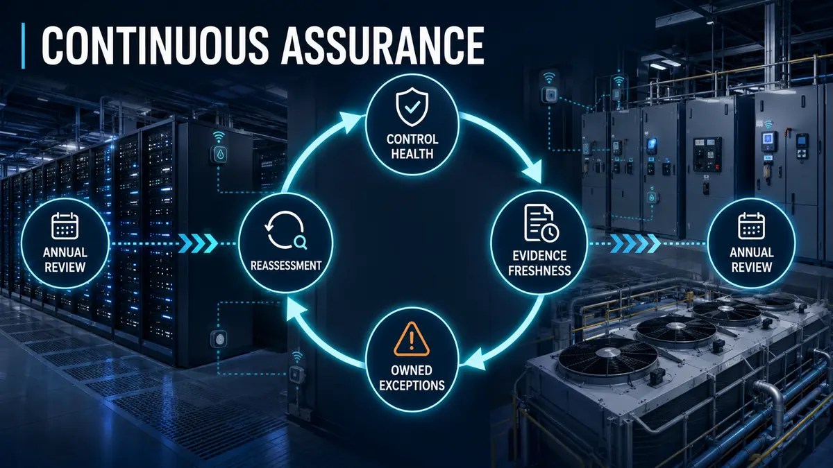 Continuous assurance loop connecting control health, evidence freshness, owned exceptions and reassessment between annual reviews