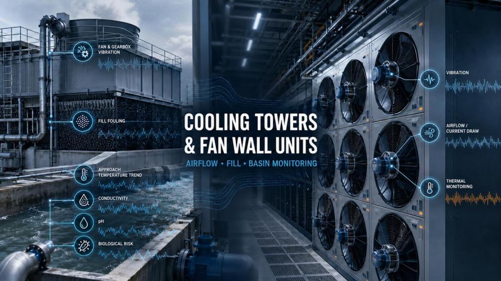 Cooling tower and fan wall unit array with monitoring overlays for airflow, vibration, fill fouling, approach temperature, basin conductivity, pH, biological risk, and thermal condition.