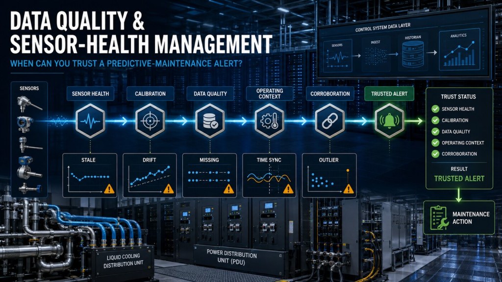 Predictive-maintenance alert passing through sensor-health, calibration, data-quality, operating-context and corroboration trust gates before becoming a trusted maintenance action.
