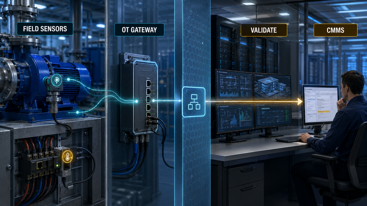 Connected maintenance sensors passing through an OT gateway and engineering validation into a CMMS work order.