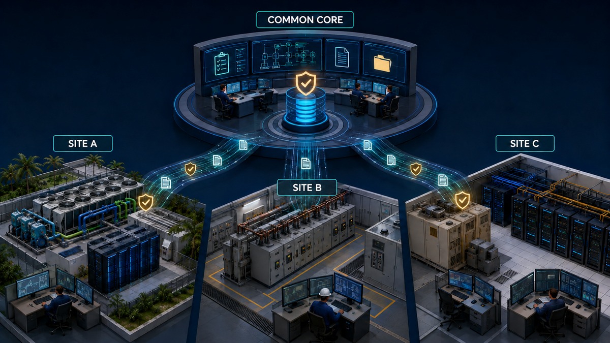 A common predictive-maintenance governance core connected to three data centers with distinct local operating contexts.