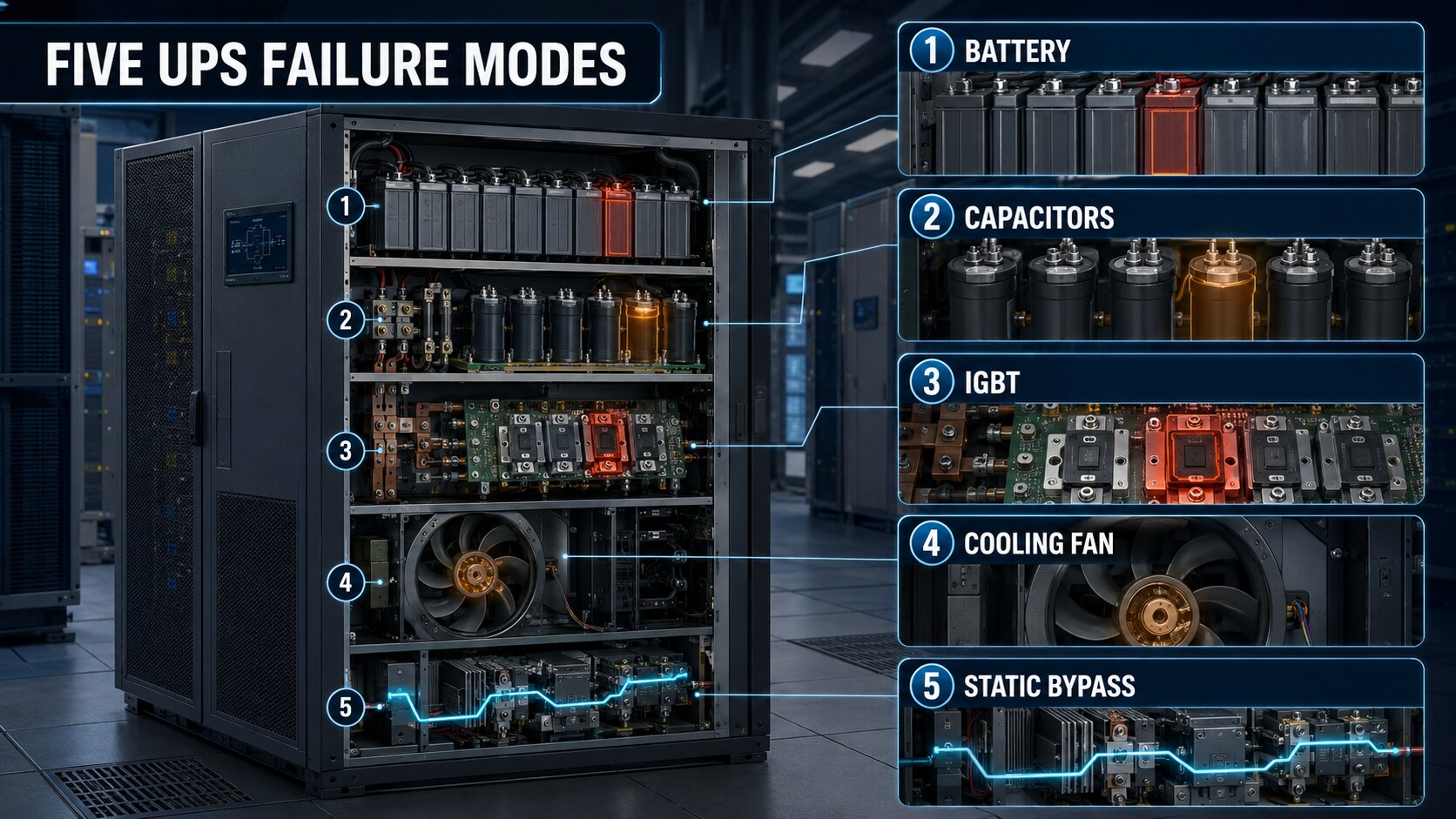 Technical cutaway of a UPS system showing battery degradation, capacitor drift, IGBT thermal fatigue, cooling fan wear, and static bypass degradation.