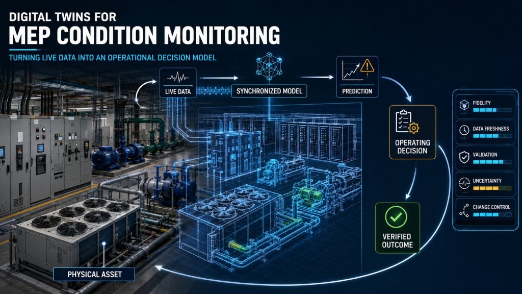 Physical MEP assets synchronized with a validated digital model that produces predictions, supports operating decisions and records verified outcomes, with fidelity, freshness, validation, uncertainty and change-control status.