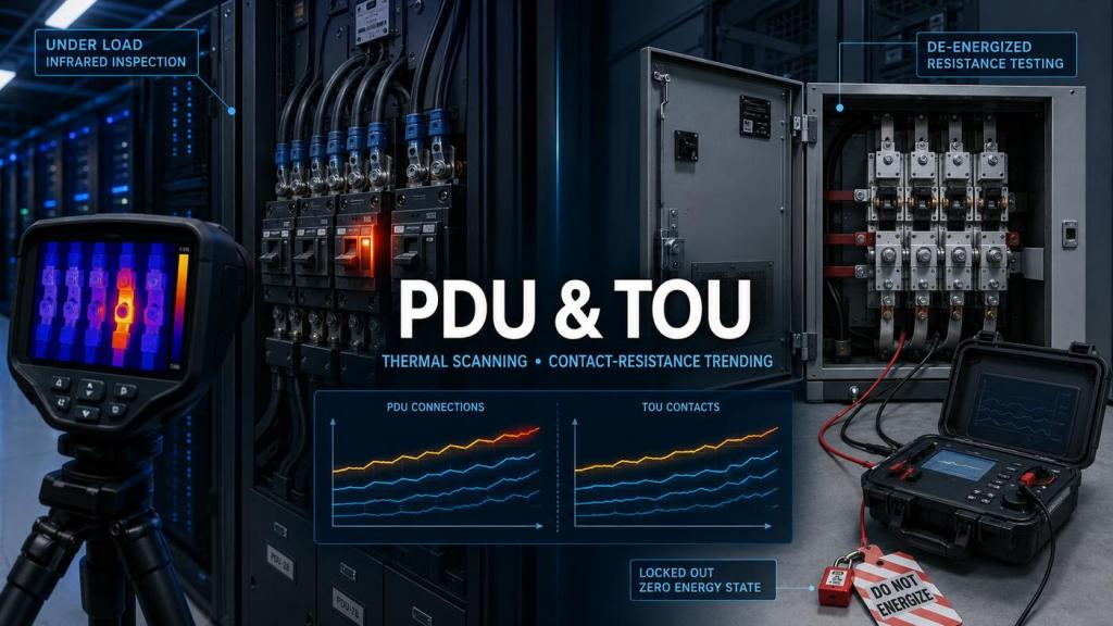 Data-center PDU thermal inspection under load alongside a locked-out transfer switch undergoing de-energized contact-resistance testing.