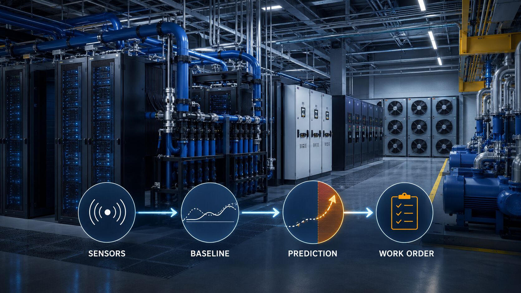 Predictive maintenance control loop for an AI hyperscale data center showing Sensors, Baseline, Prediction, and Work Order across cooling and electrical infrastructure.
