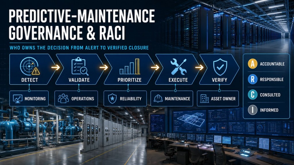Governed predictive-maintenance workflow from detect through validate, prioritize, execute and verify, with monitoring, operations, reliability, maintenance and asset-owner roles plus RACI decision rights.