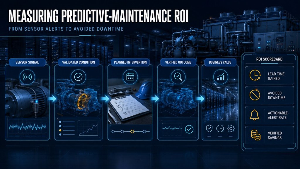 Evidence chain from sensor signal through validated condition, planned intervention and verified outcome to business value, with ROI measures for lead time, avoided downtime, actionable alerts and verified savings.