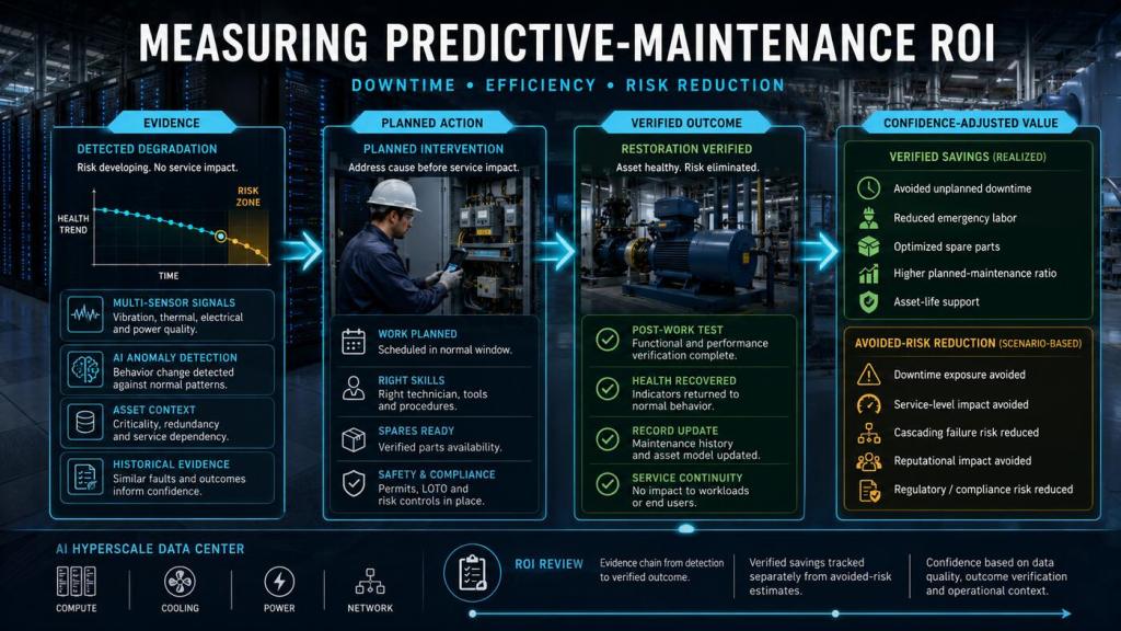 Evidence-based predictive-maintenance ROI workflow showing detected degradation, planned intervention, verified restoration, realized savings, and confidence-adjusted avoided-risk scenarios.