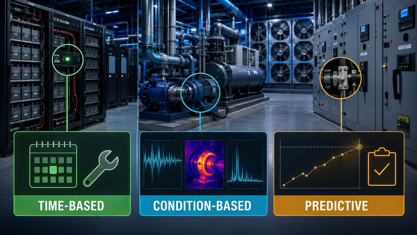 Comparison of time-based, condition-based, and predictive maintenance models across batteries, rotating equipment, cooling systems, and electrical switchgear in a data center.