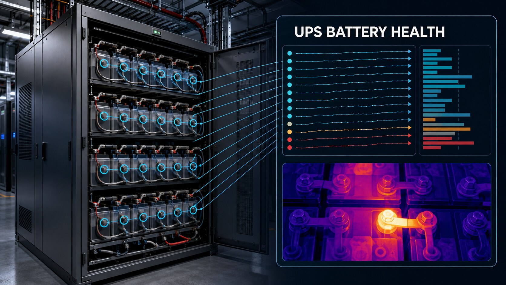 UPS battery cabinet with per-cell impedance trend lines and a thermal image highlighting a hot intercell connection.