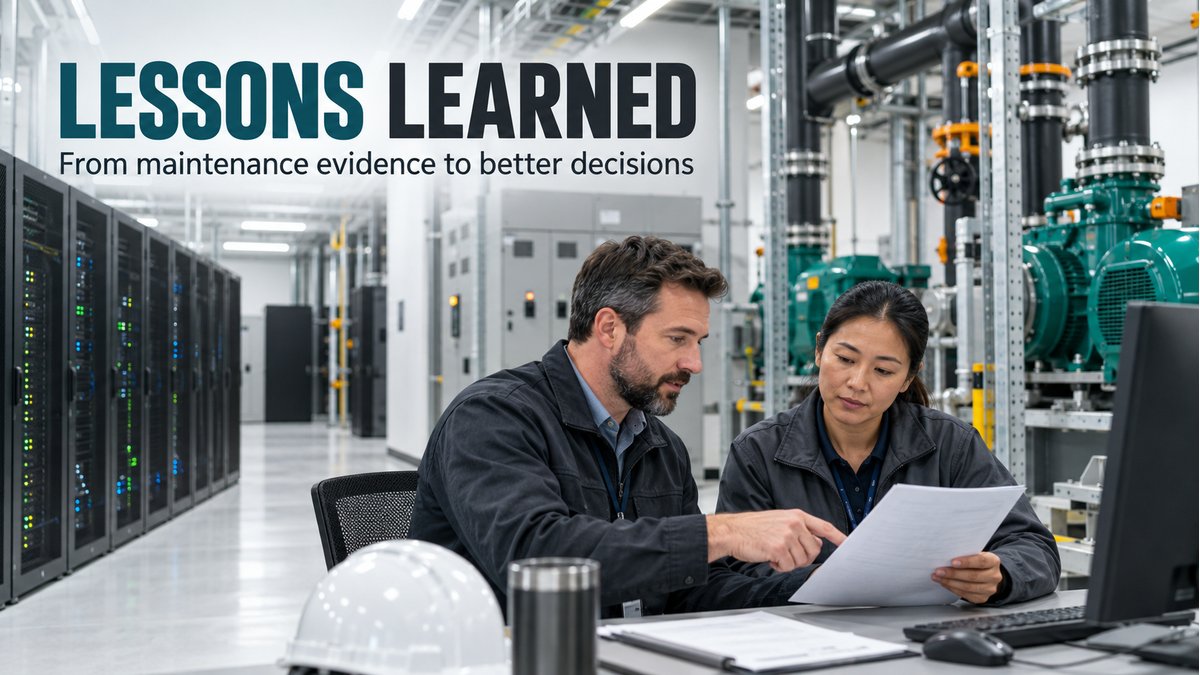 Engineers reviewing maintenance evidence with data-center server racks and pumps in the background.