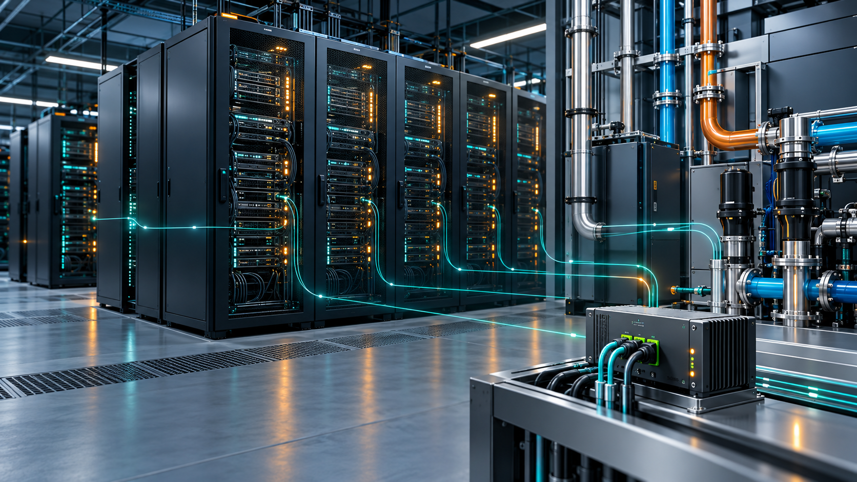 Conceptual illustration of GPU server racks, liquid cooling equipment and a monitoring gateway connected by glowing data paths.
